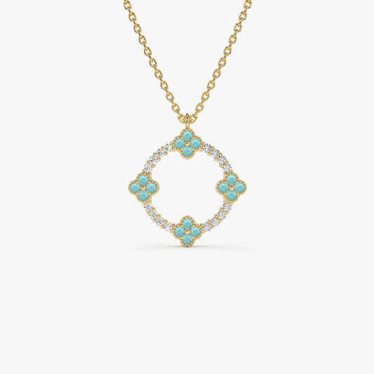 14k Solid Gold Turquoise and Diamond Round Clover Necklace 0.33 Carat