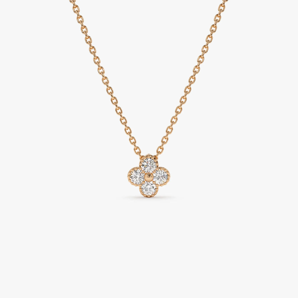 14K Solid Gold 0.15 CTW Round Diamond Clover Beaded Necklace Prong Setting