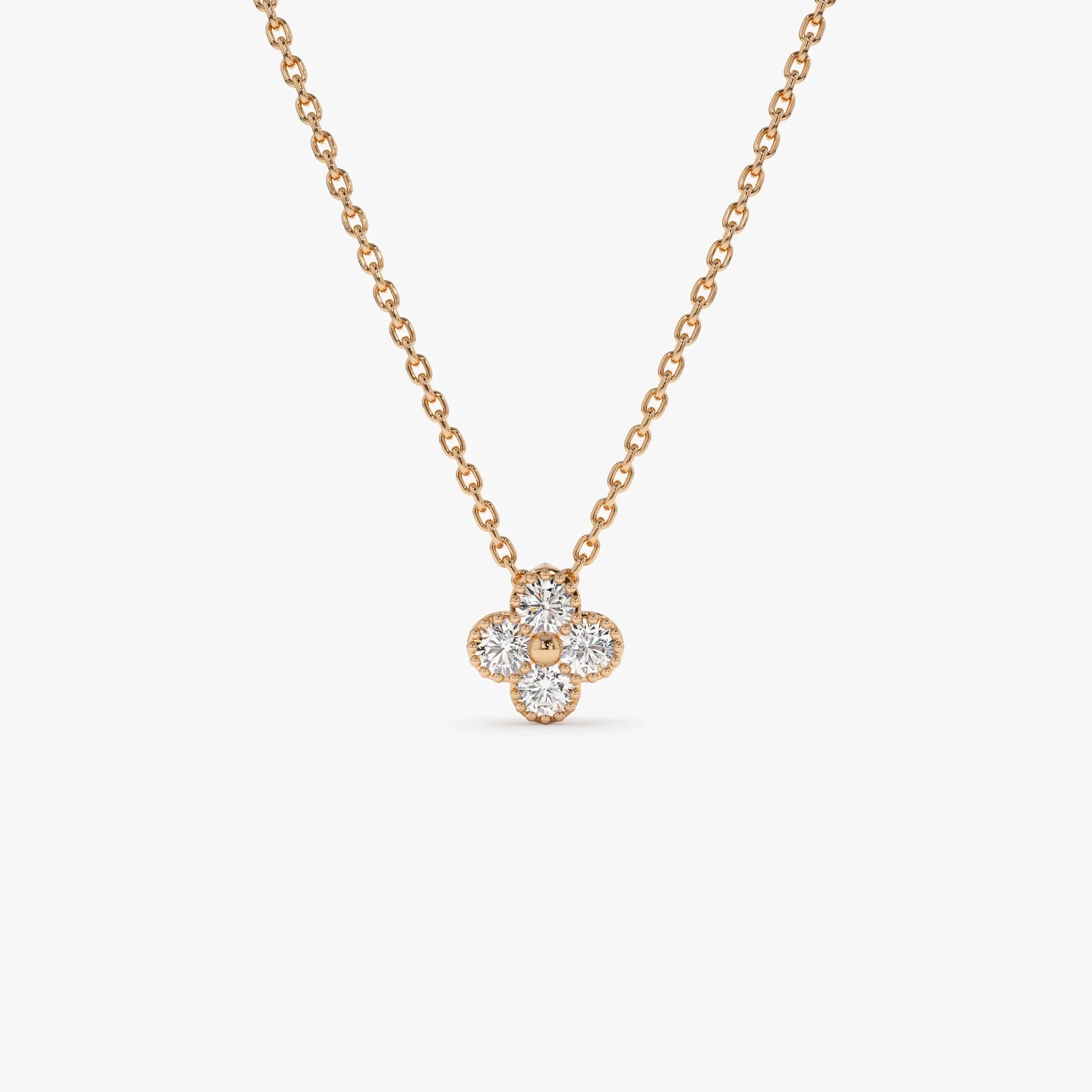 14K Solid Gold 0.15 CTW Round Diamond Clover Beaded Necklace Prong Setting