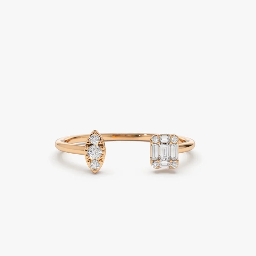 14K Gold 0.15 ctw Diamond Baguette Round and Marquise Open Cuff Ring