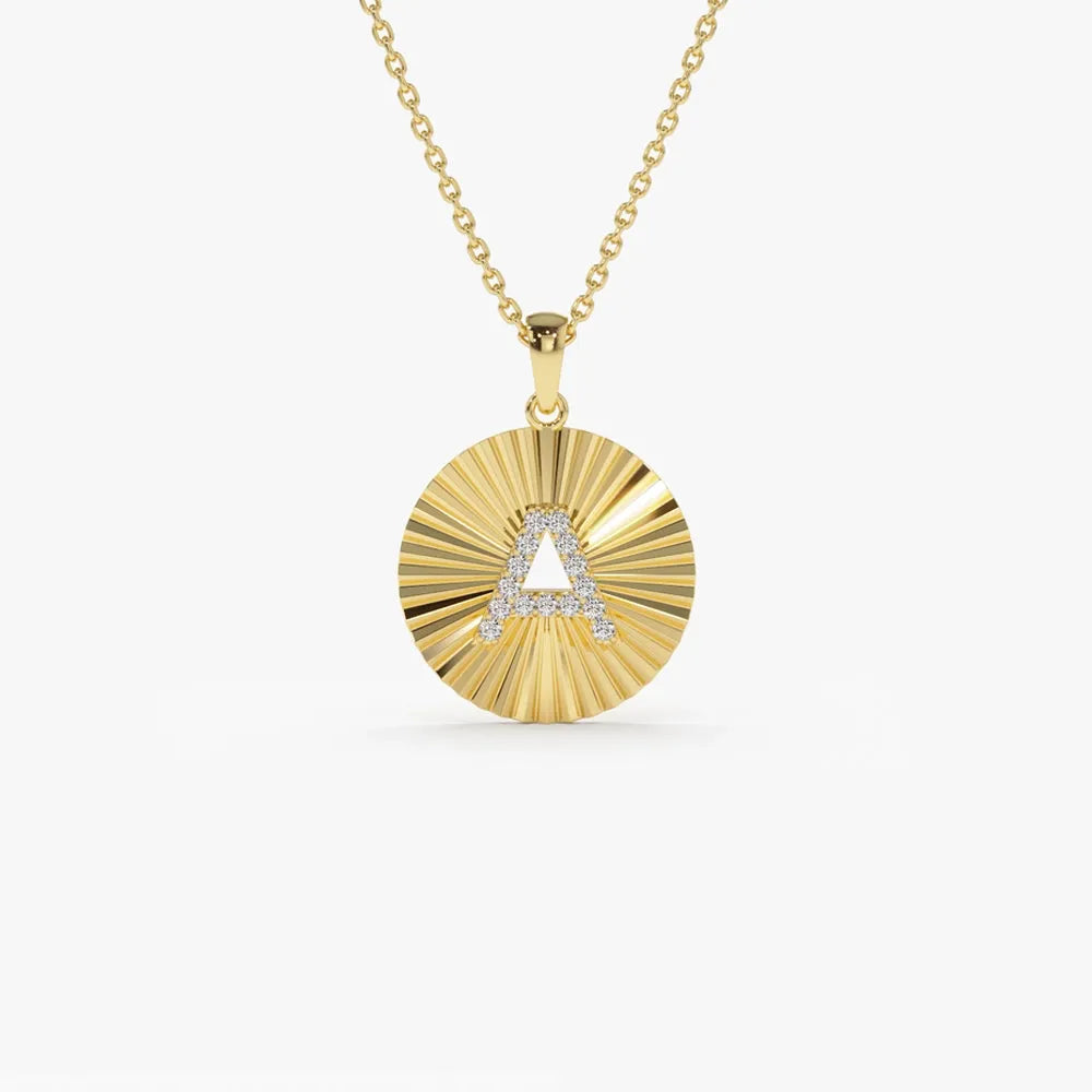 14K Solid Gold Round Diamond Initial Disc Pendant Necklace 0.10ctw
