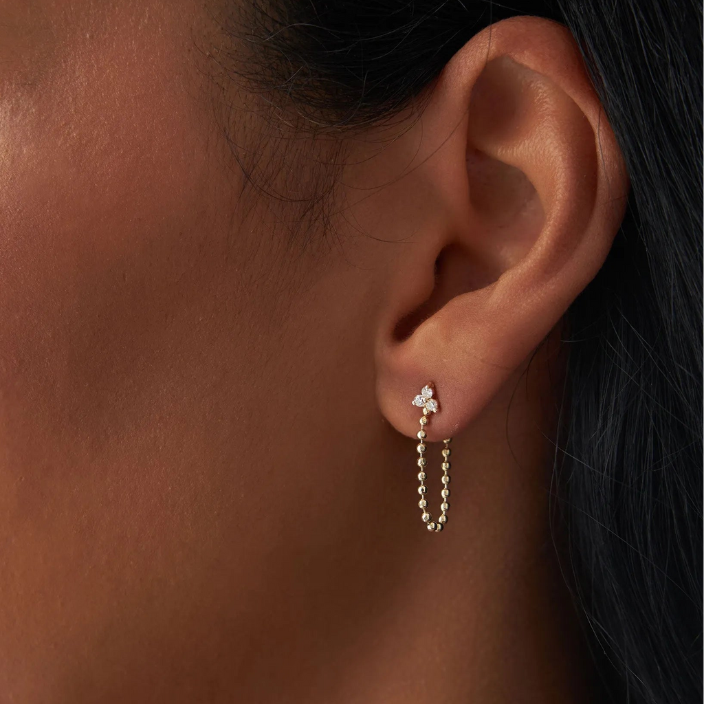14k Gold Diamond Round Cut Trio Beaded Dangling Earrings 0.11 ctw