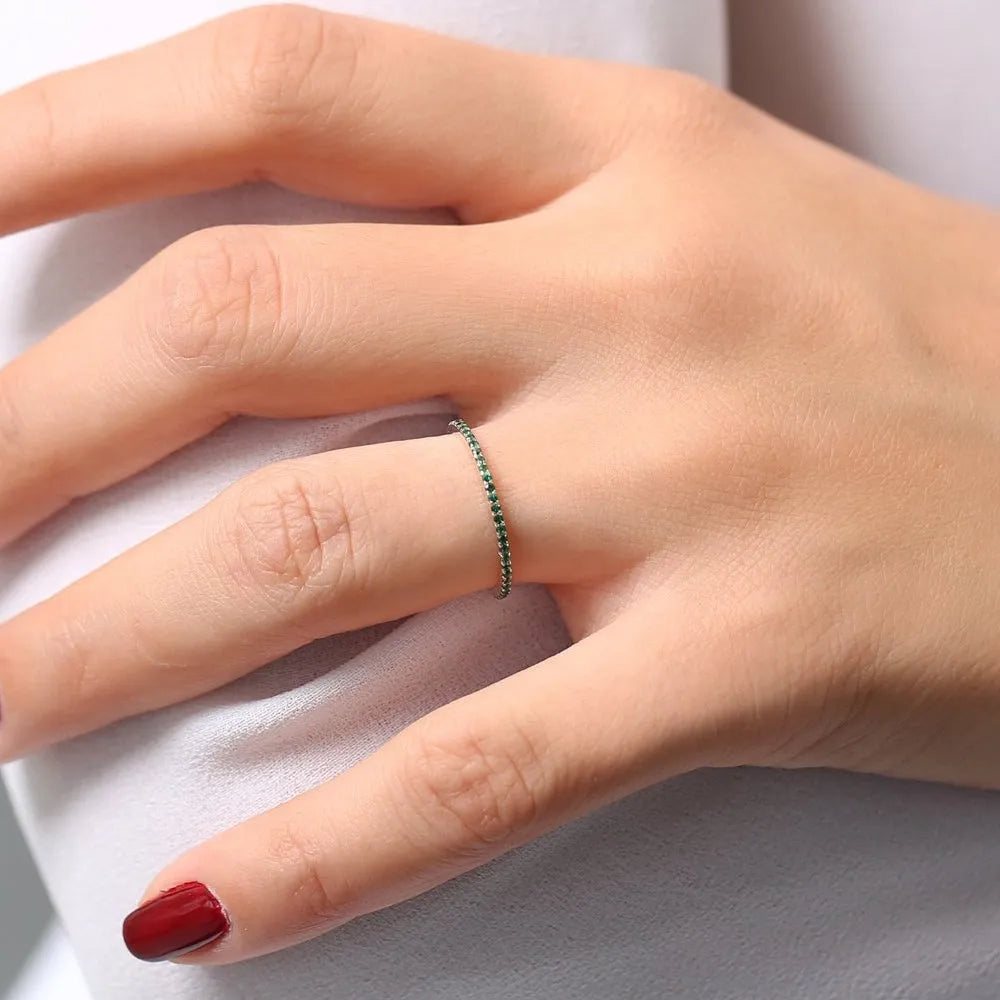 14K Solid Gold Round Emerald Micro Pave Eternity Band Ring 0.30 CTW