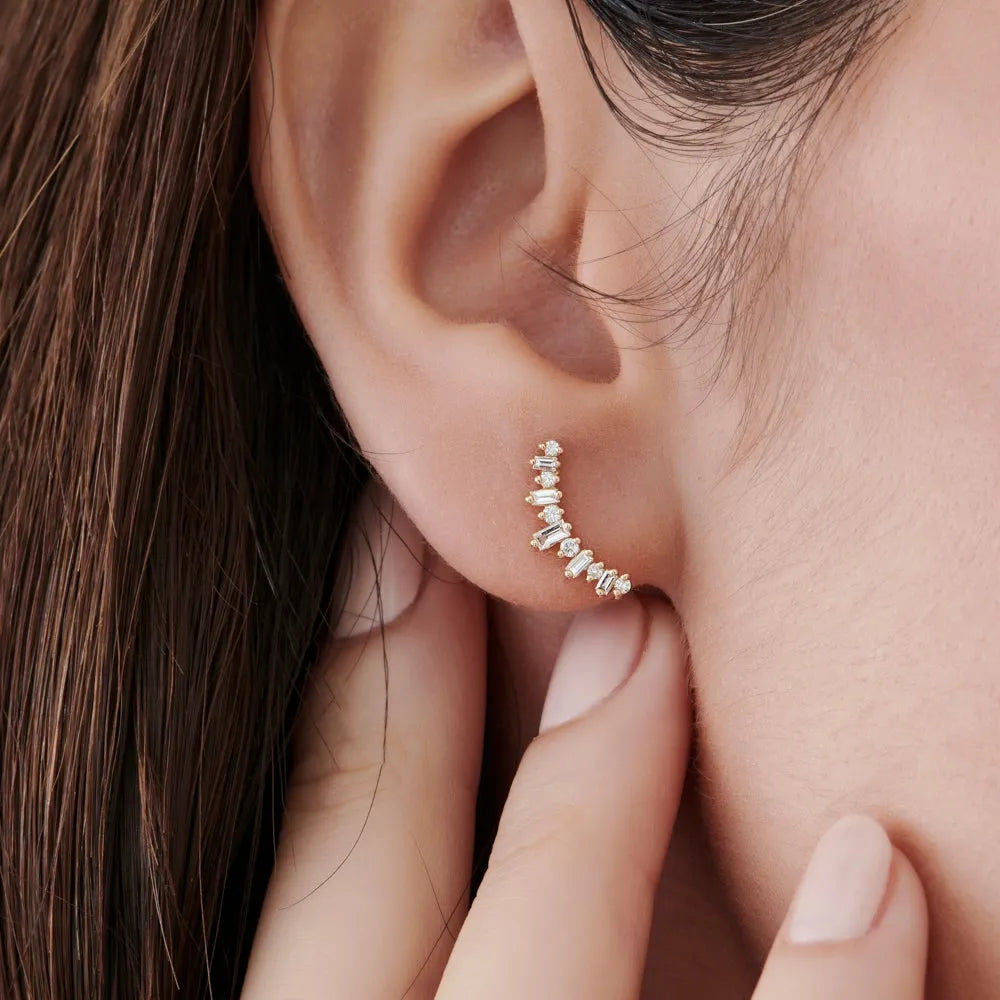 14k Gold Diamond Baguette and Round Cut Ear Crawler Earrings Prong Setting 0.35 ctw