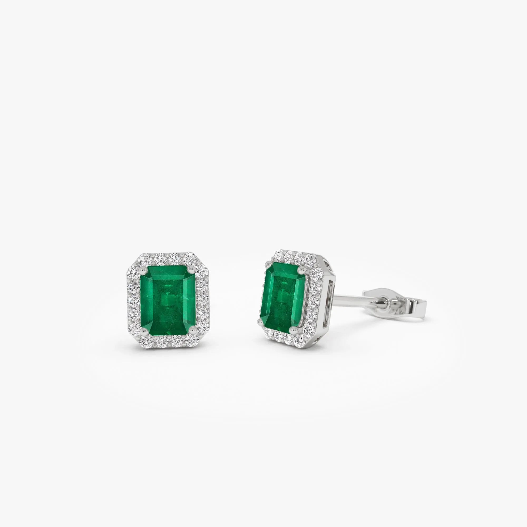 14k Solid Gold Octagon Emerald and Round Diamond Halo Stud Earrings 1.04 ctw