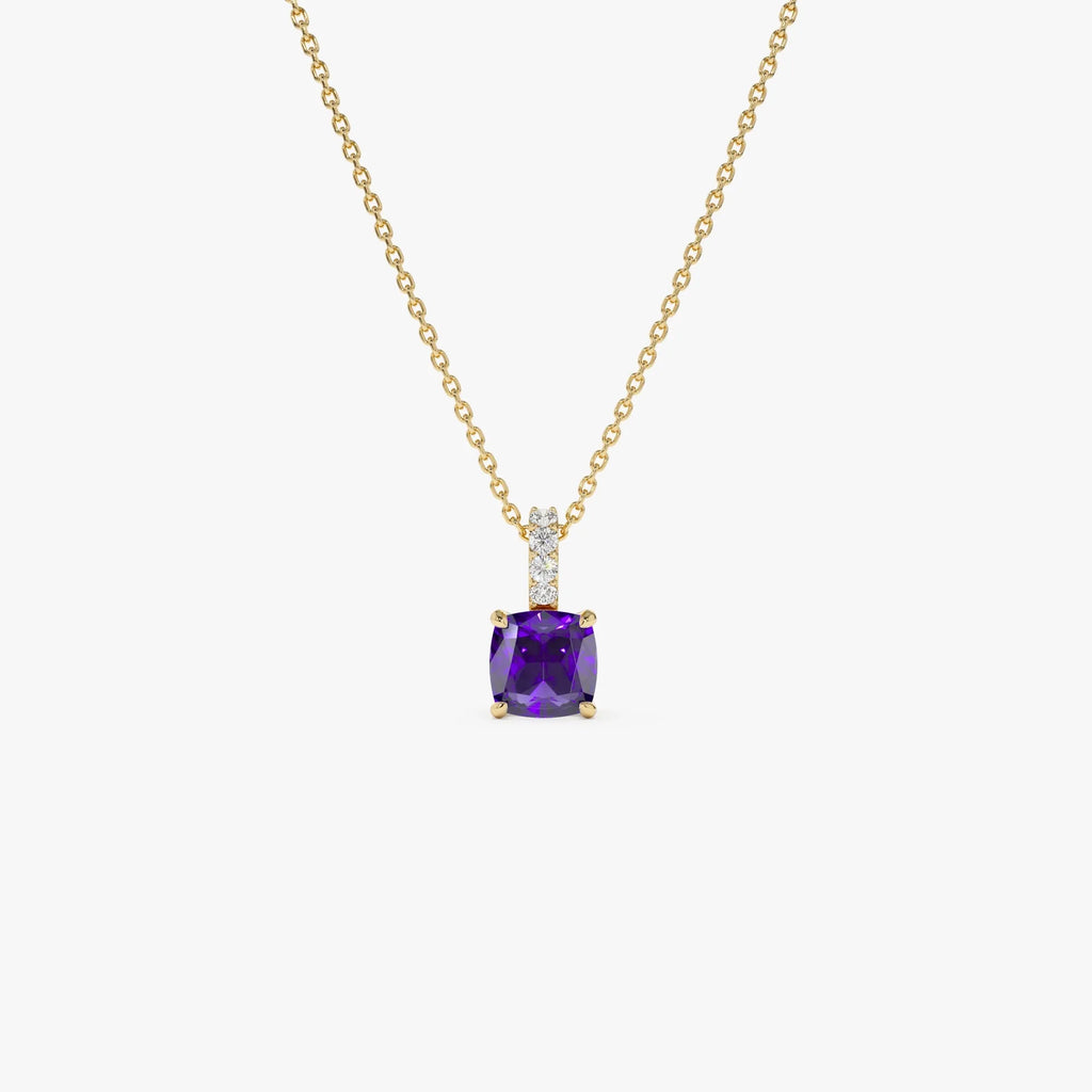 14k Solid Gold Amethyst and Diamond Cushion Cut Pendant Necklace 1.02 Carat