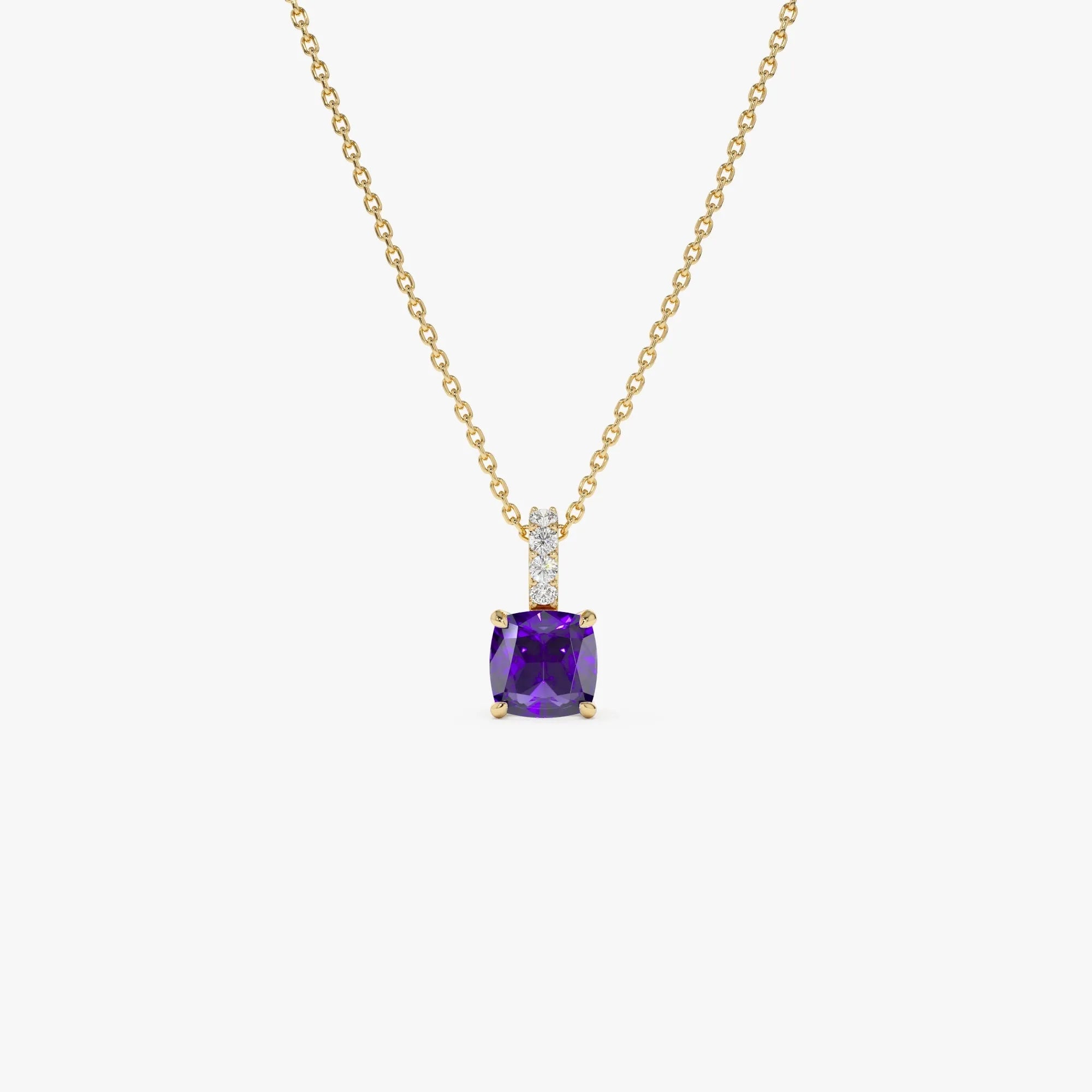 14k Solid Gold Amethyst and Diamond Cushion Cut Pendant Necklace 1.02 Carat