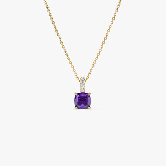 14k Solid Gold Amethyst and Diamond Cushion Cut Pendant Necklace 1.02 Carat
