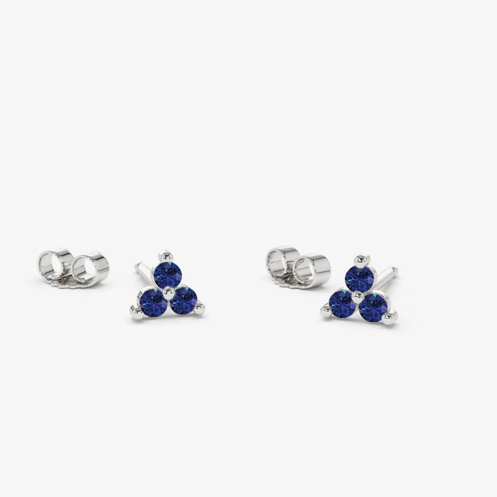14K Solid Gold Round Sapphire Trio Prong Set Stud Earrings 0.15 CTW