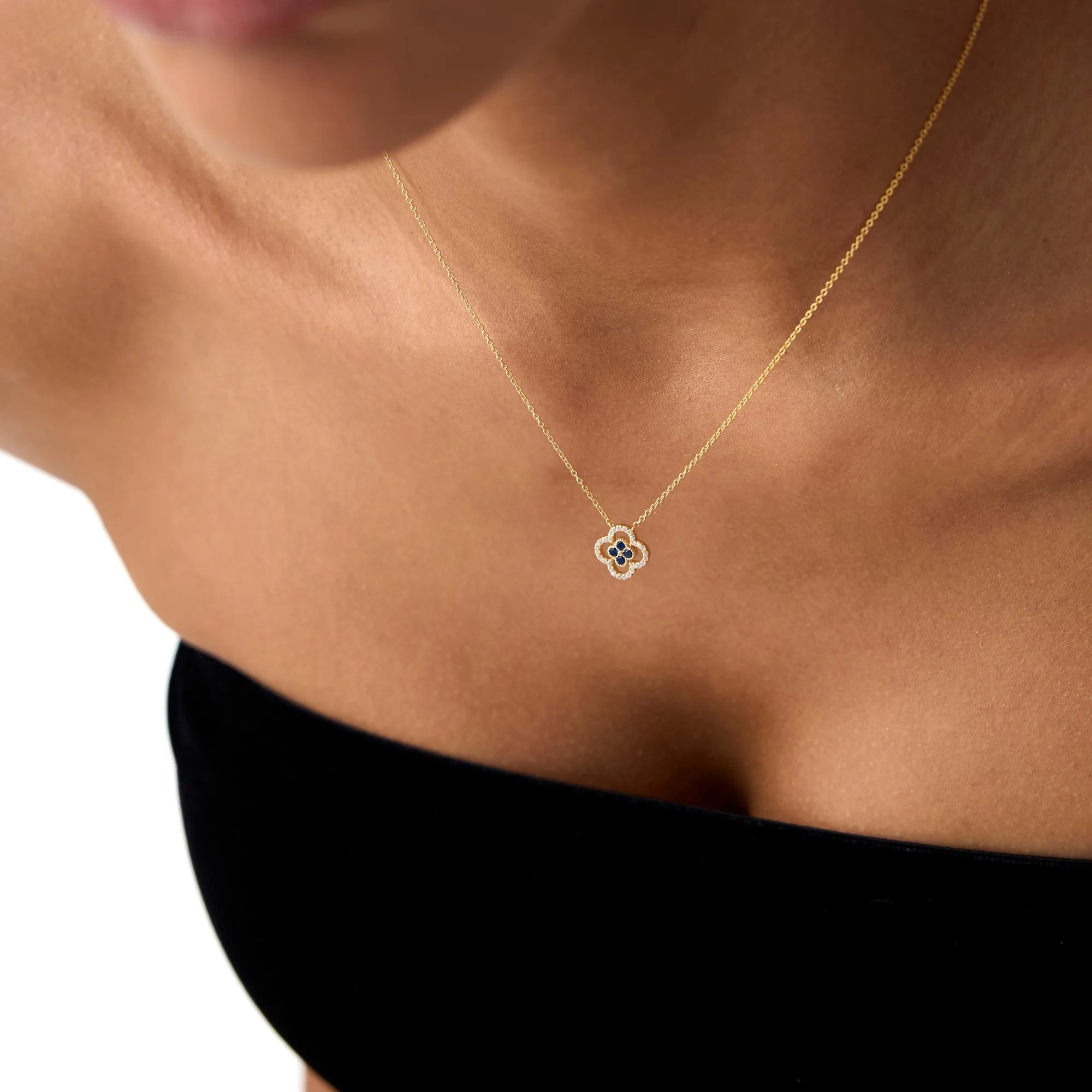 14k Solid Gold Sapphire and Diamond Round Clover Halo Pendant Necklace