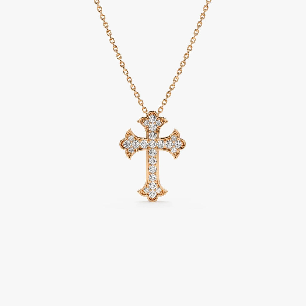 14K Solid Gold 0.32 CTW Round Diamond Gothic Cross Pave Setting Necklace