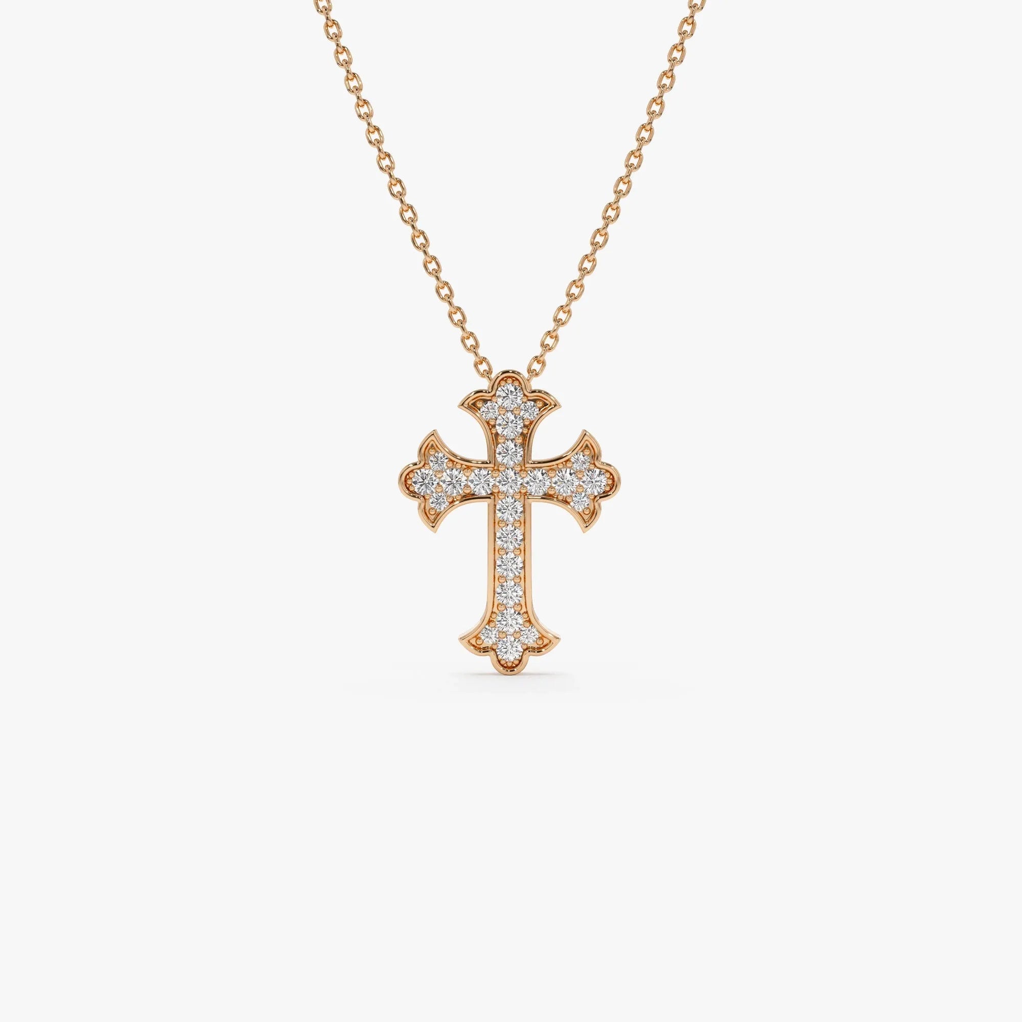 14K Solid Gold 0.32 CTW Round Diamond Gothic Cross Pave Setting Necklace