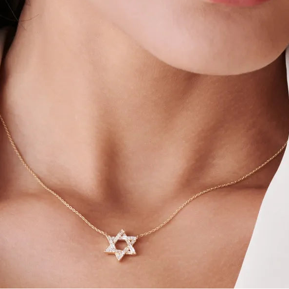 14K Solid Gold Baguette and Round Diamond Star of David Pendant Necklace 0.34ctw