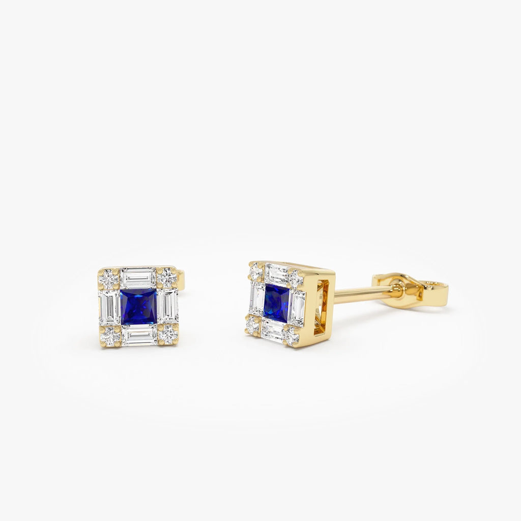 14k Solid Gold Princess Cut Blue Sapphire and Diamond Halo Stud Earrings 0.37 ctw