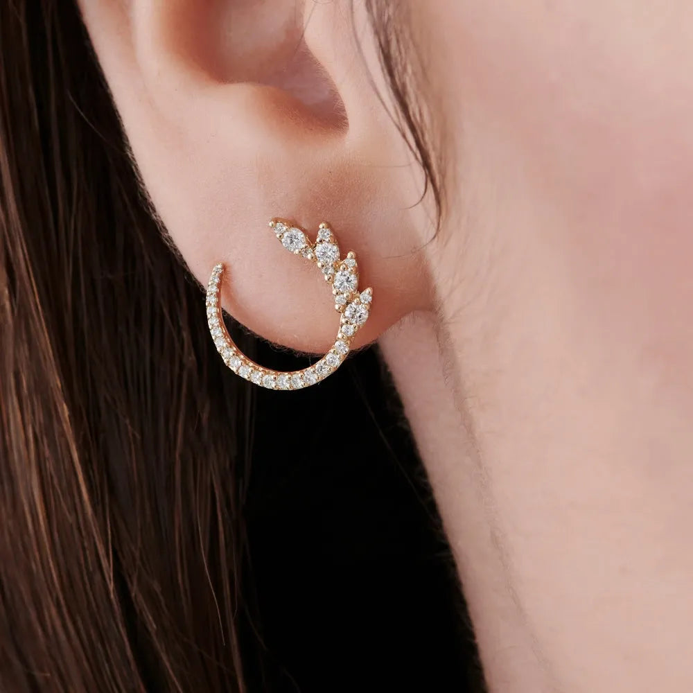 14k Gold Diamond Round Cut Marquise Shape Cluster Stud Earrings Prong Setting 0.60 ctw
