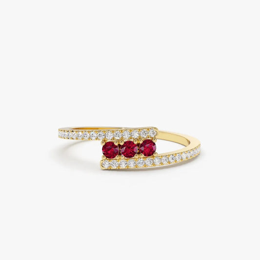 14k Gold Diamond and Ruby Round Cut Crossover Ring 0.30 ctw