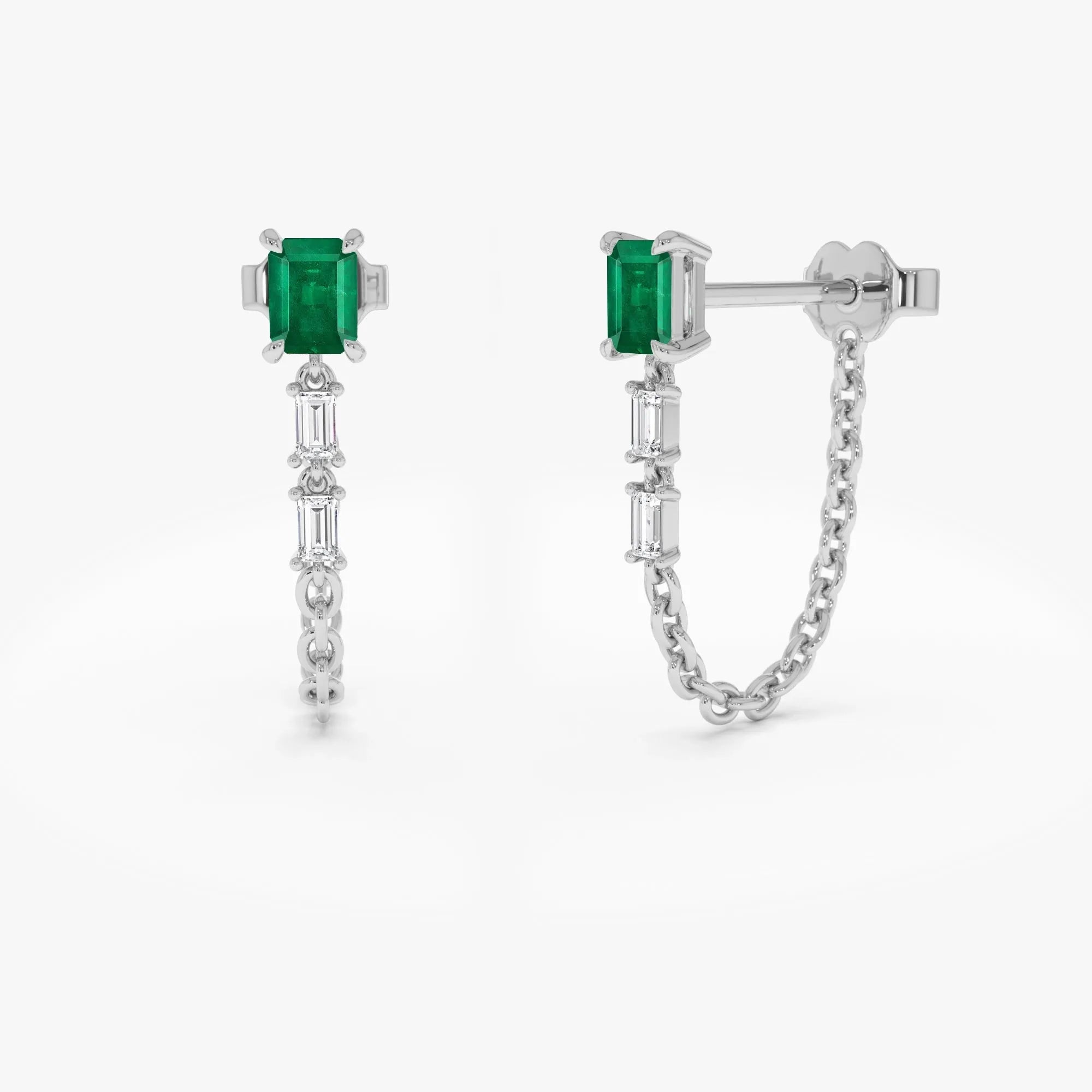 14k Solid Gold Emerald Cut Emerald and Baguette Diamond Linked Drop Earrings 0.70 ctw
