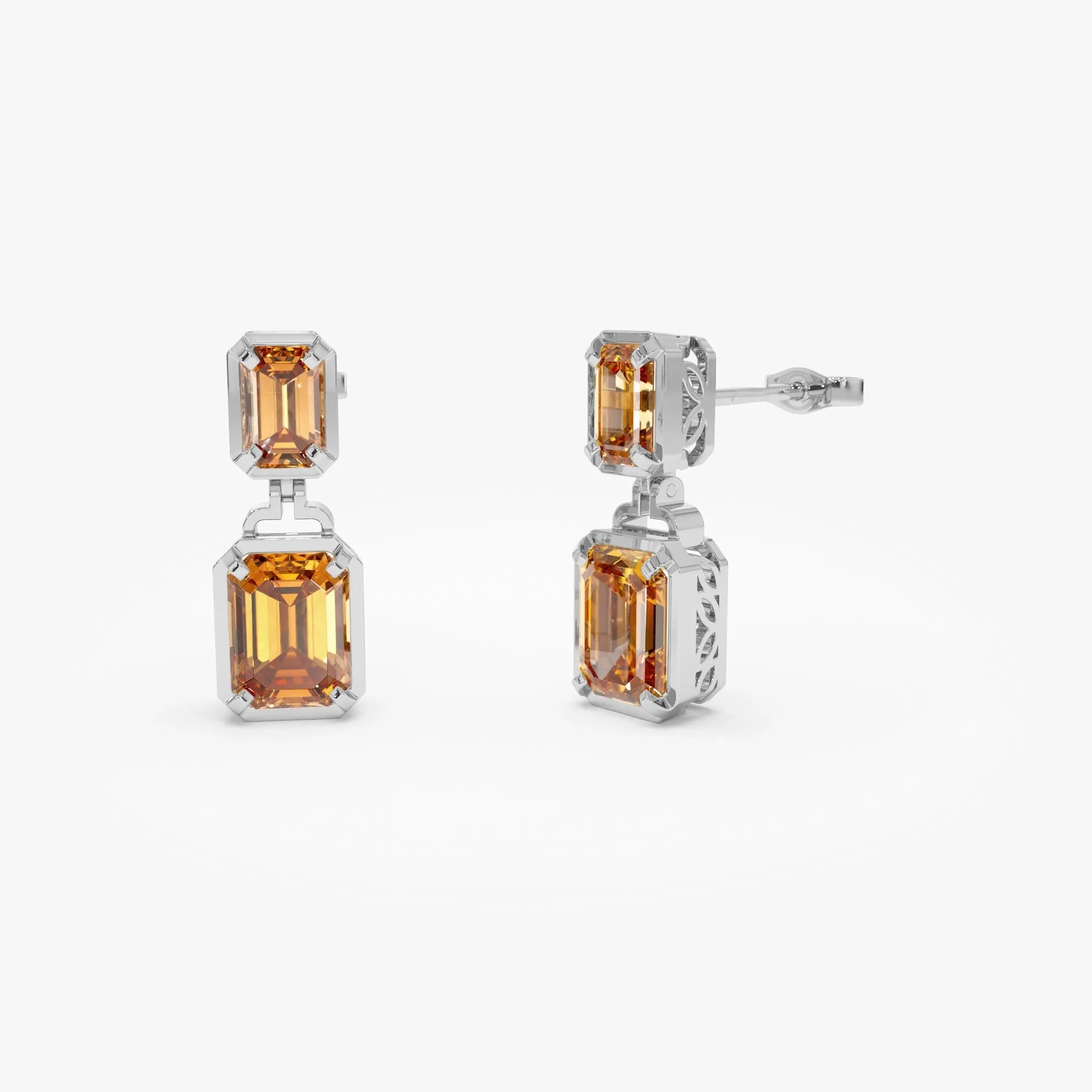 14K Solid Gold Octagon Cut Citrine Dangle Drop Earrings 4.0ctw