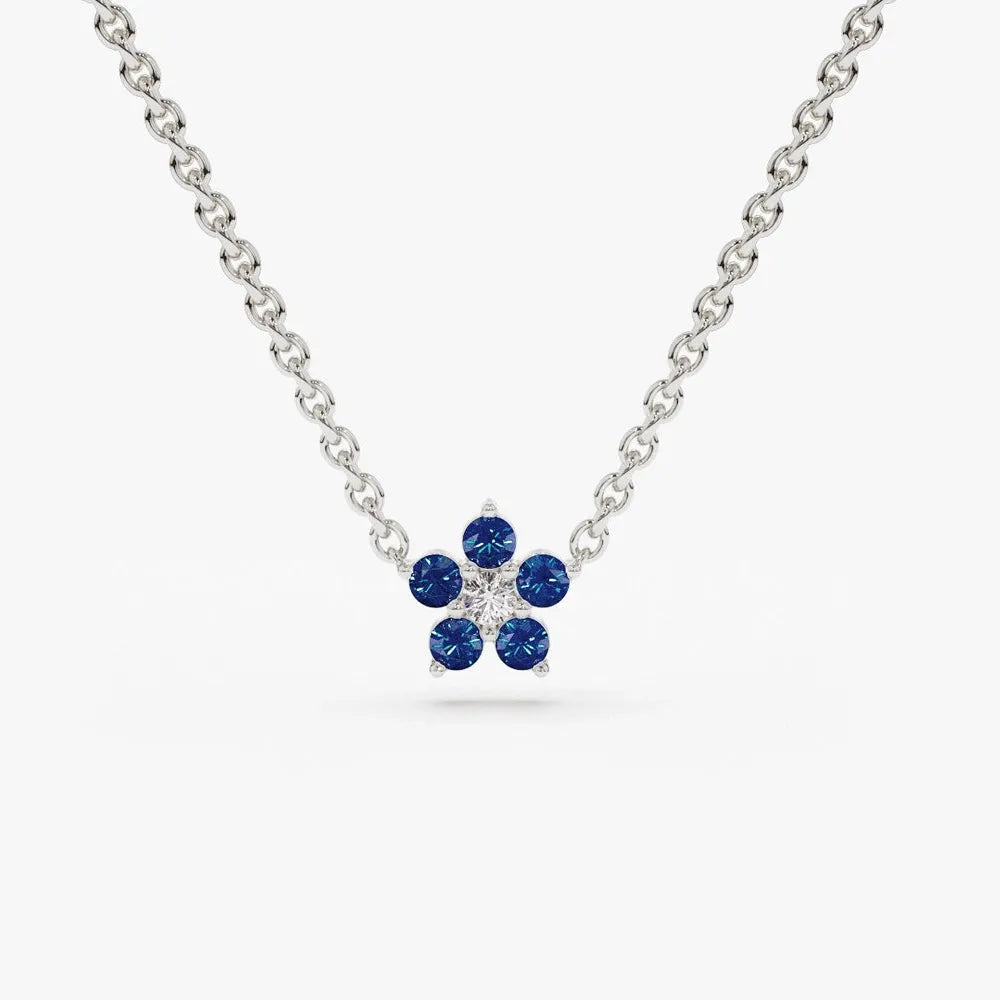 14k Solid Gold Round Sapphire 0.12 CTW and Diamond 0.04 CTW Flower Charm Necklace Prong Setting