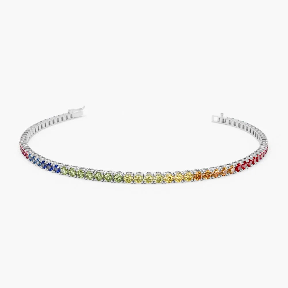 14k Gold Round Diamond and Multicolor Sapphire 4 Prong Tennis Bracelet