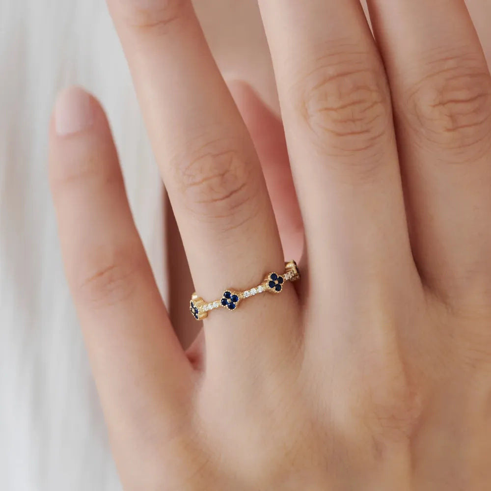 14k Gold Sapphire and Diamond Round Cut Clover Full Eternity Ring 0.45 ctw