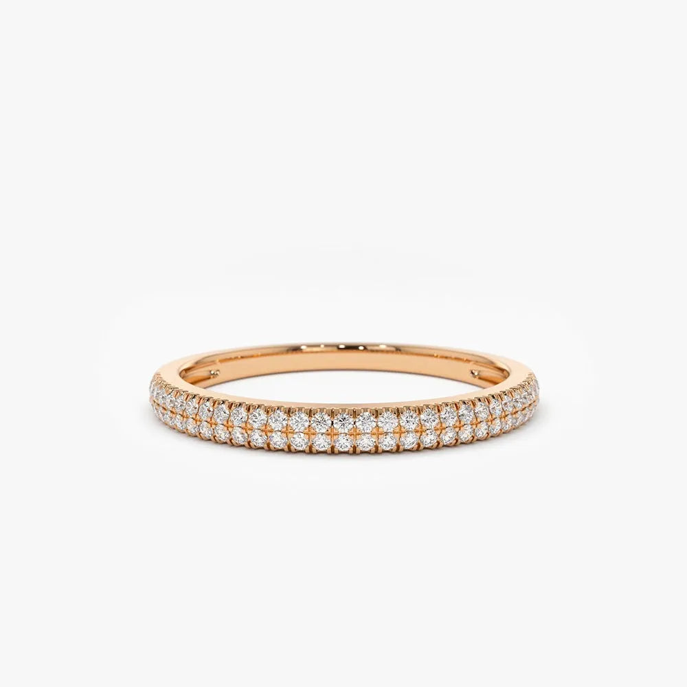 14K Gold Round Diamond Double Row Micro Pave Ring