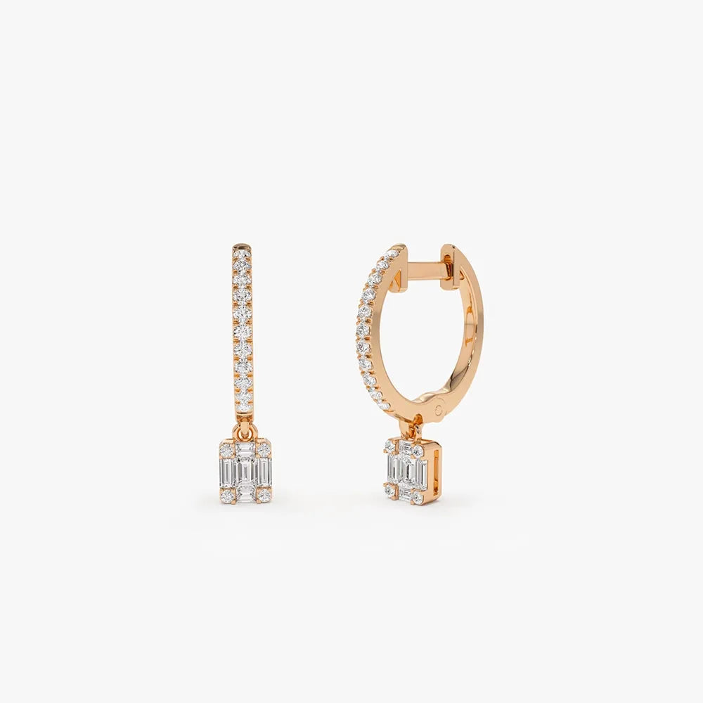 14k Gold Diamond Baguette and Round Cut Dangling Illusion Huggie Earrings Prong Micro Pave 0.30 ctw
