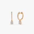 14k Gold Diamond Baguette and Round Cut Dangling Illusion Huggie Earrings Prong Micro Pave 0.30 ctw
