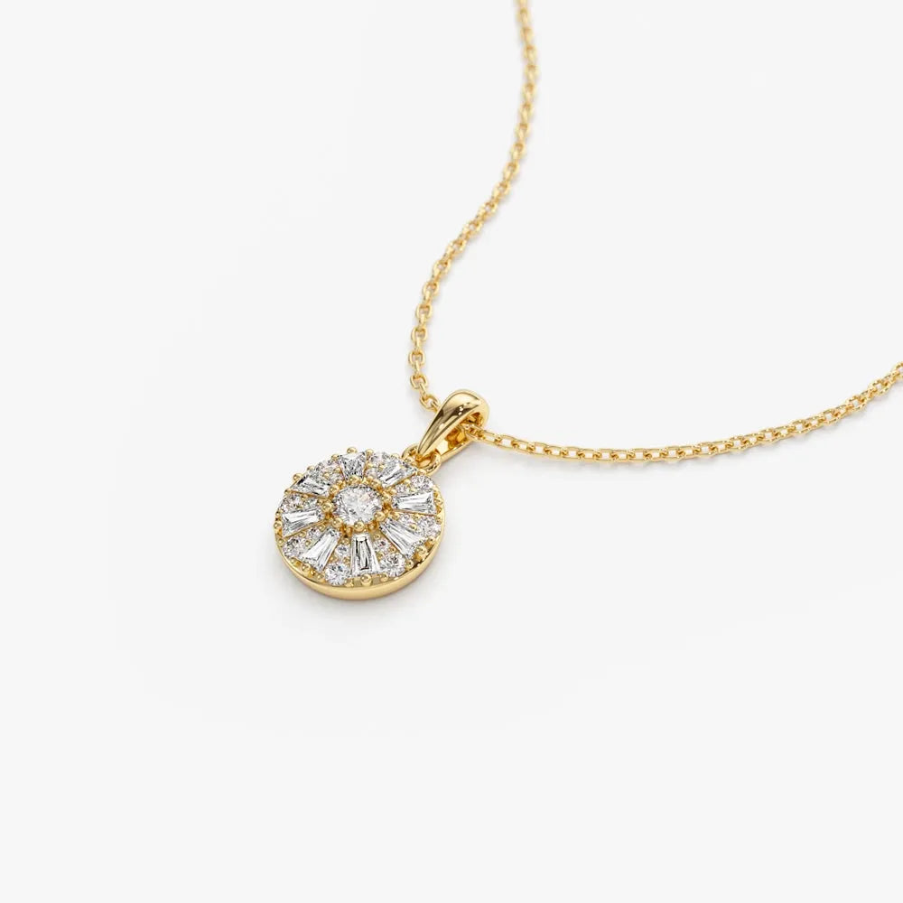 14K Solid Gold Baguette and Round Diamond Cluster Pendant Necklace 0.32ctw