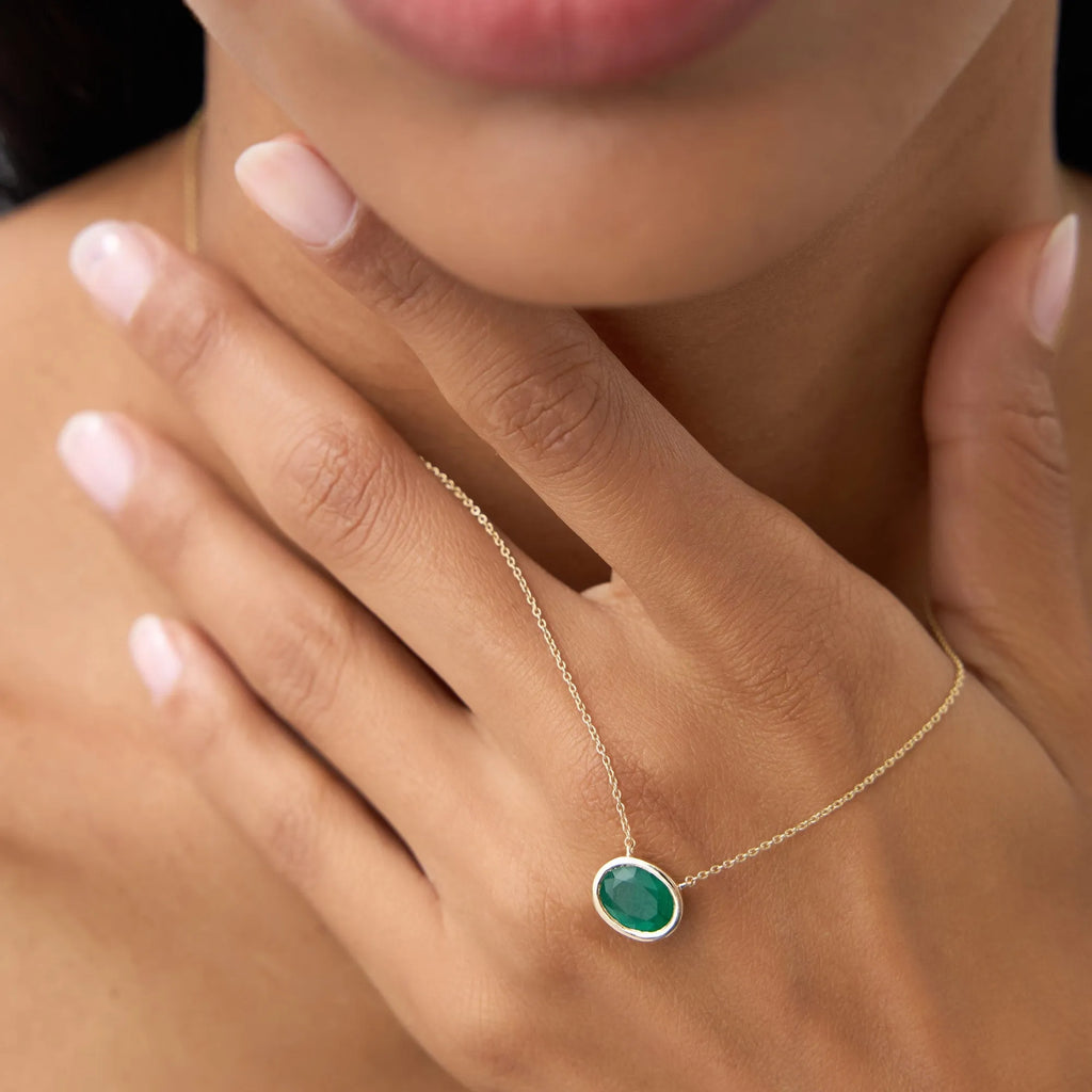 14k Solid Gold Oval and Octagon Cut Emerald 1.55 to 2.20 CTW Bezel Setting Necklace
