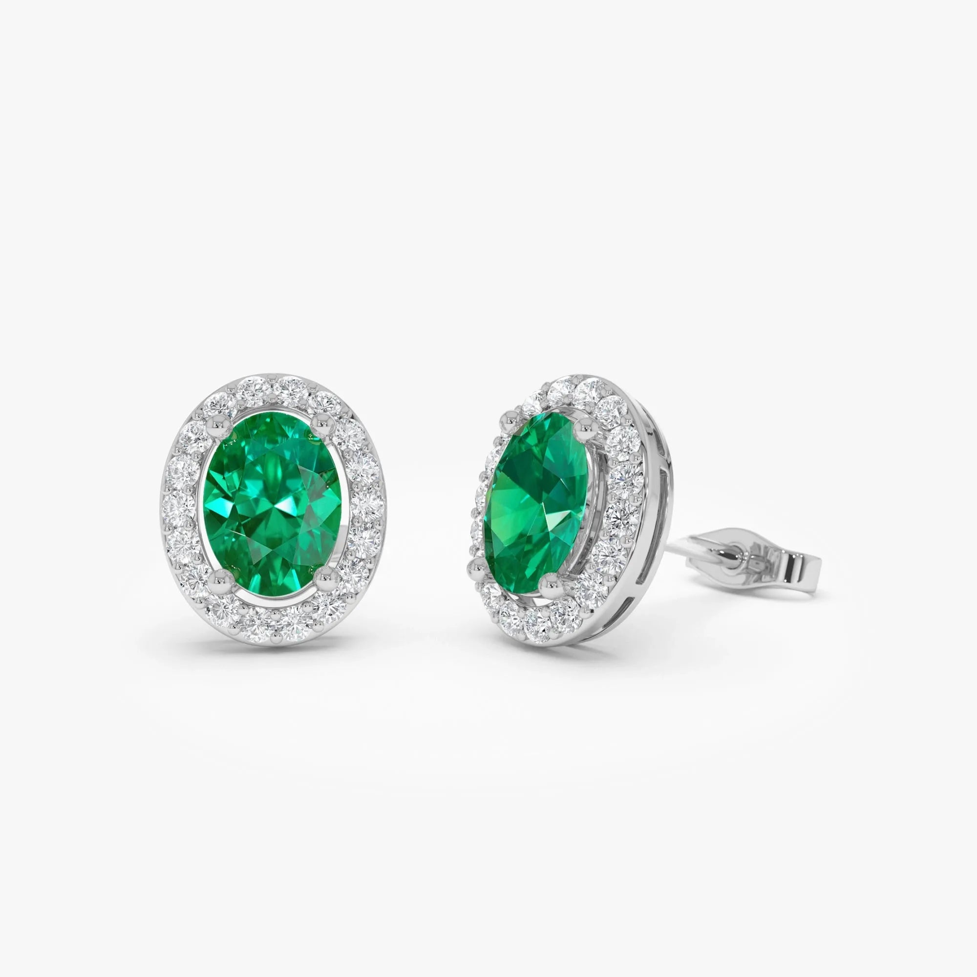 14k Gold Lab Grown Colombian Emerald and Lab Grown Diamond Oval Cut Halo Stud Earrings 1.86 ctw