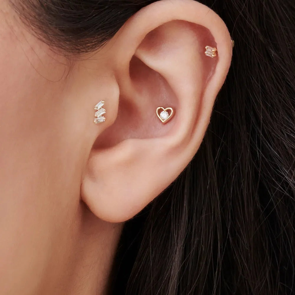 14k Gold Diamond Baguette Cut Trio Helix Piercing Single Earring 0.095 ctw