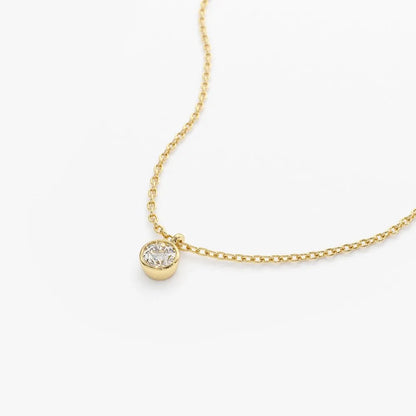14k Solid Gold Round Diamond Solitaire Bezel Set Pendant Necklace