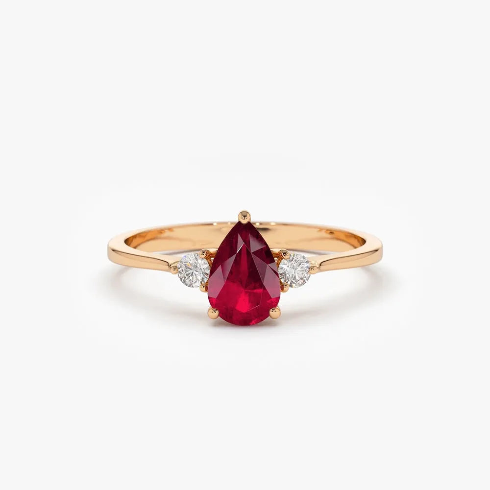 14k Gold Ruby and Diamond Pear Cut Three Stone Ring 0.47 ctw