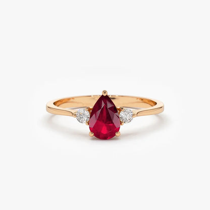 14k Gold Ruby and Diamond Pear Cut Three Stone Ring 0.47 ctw