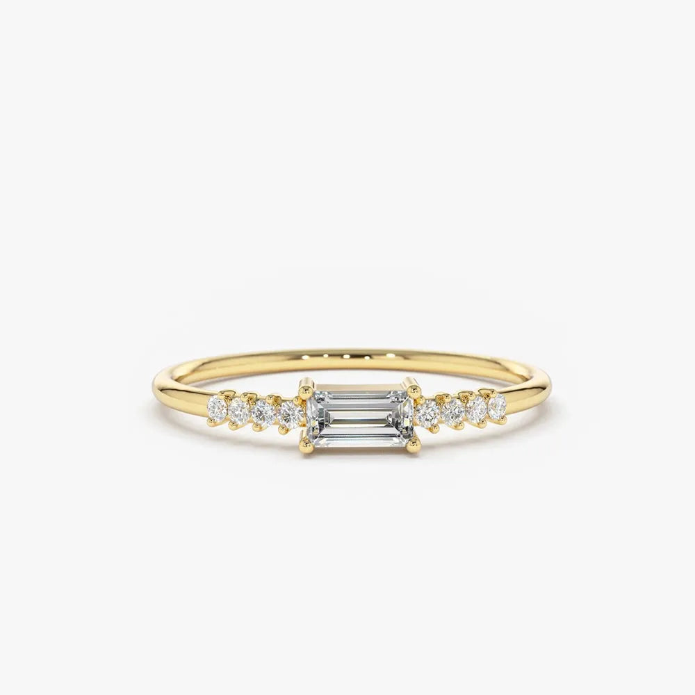 14K Solid Gold Baguette and Round Diamond 0.25 Ctw Prong Setting Engagement Ring