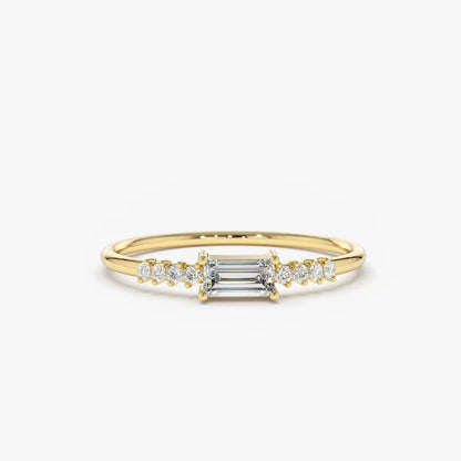 14K Solid Gold Baguette and Round Diamond 0.25 Ctw Prong Setting Engagement Ring