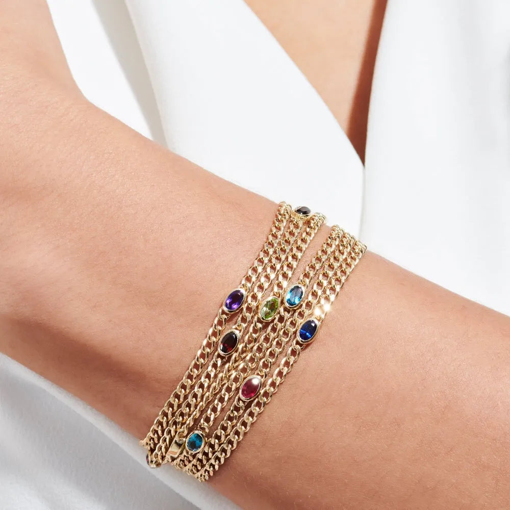 14K Solid Gold 0.60ctw Oval Amethyst Cuban Link Bezel Set Bracelet