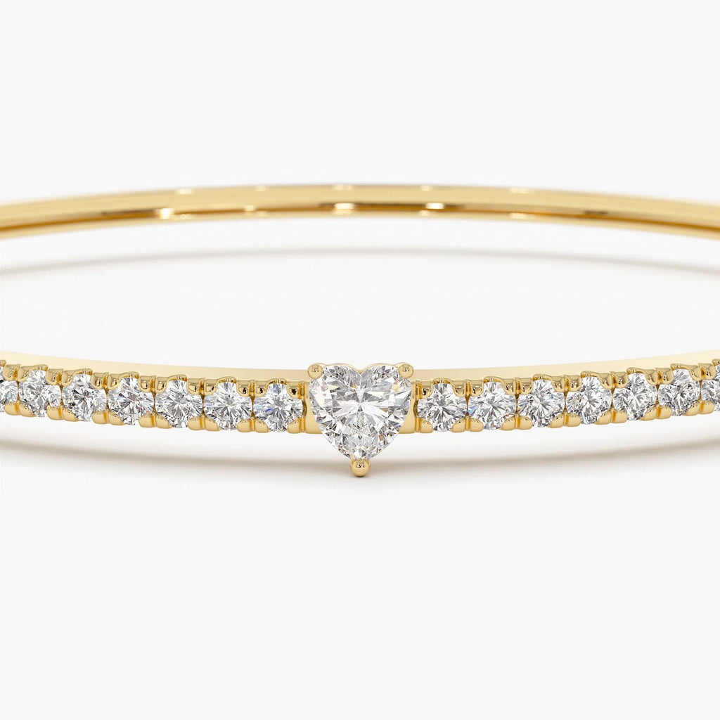 14K Solid Gold 1.10 CTW Heart and Round Diamond Bangle