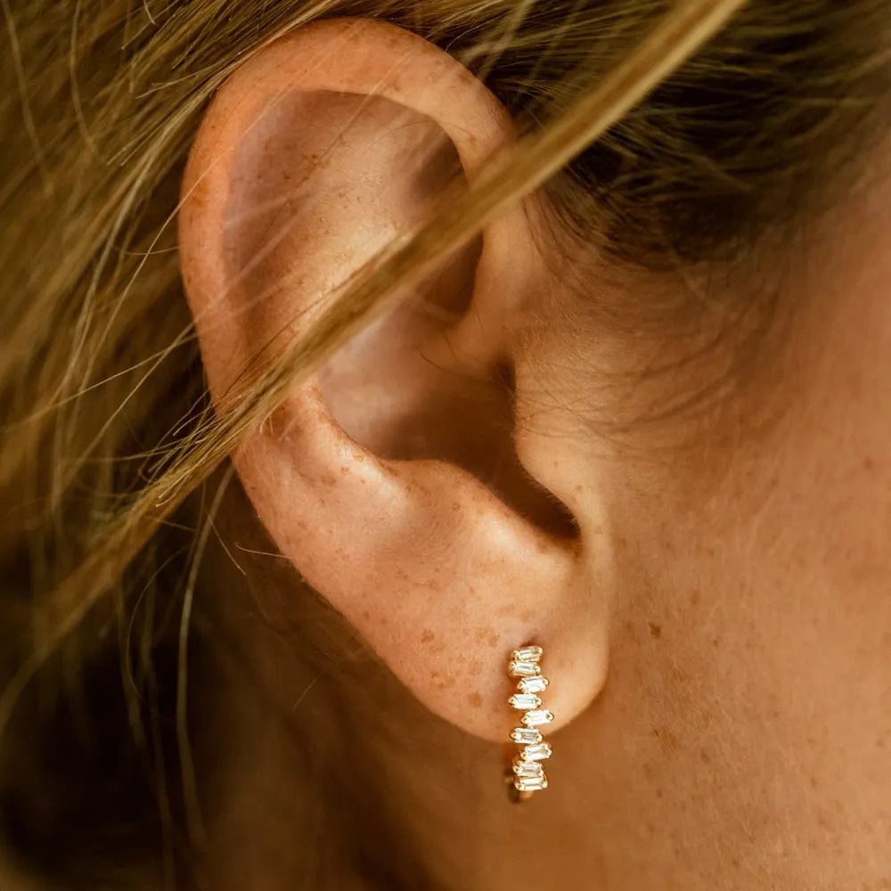 14k Gold Lab Grown Diamond Baguette Cut Horizontal Set Mini Huggie Hoop Earrings 0.39 ctw