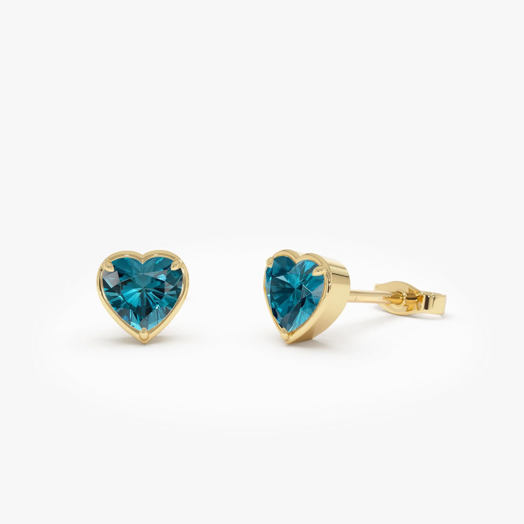 14K Solid Gold Heart Shaped London Blue Topaz Stud Earrings 1.00ctw