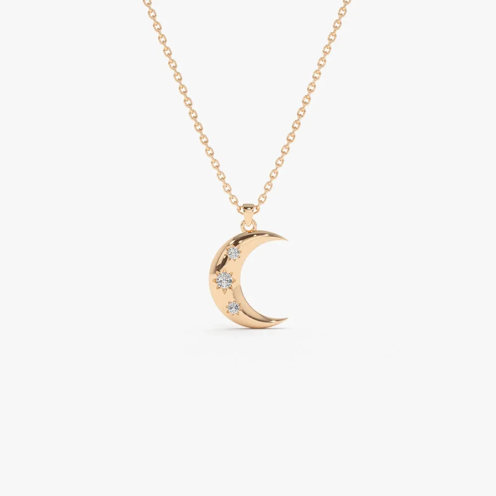 14K Solid Gold Round Diamond Crescent Pendant Necklace Star Setting 0.05ctw