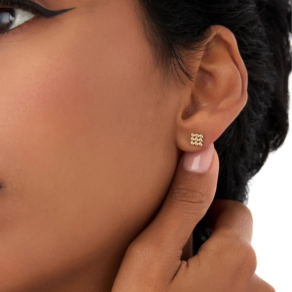 14k Solid Gold Geometric Beaded Stud Earrings 7.45mm