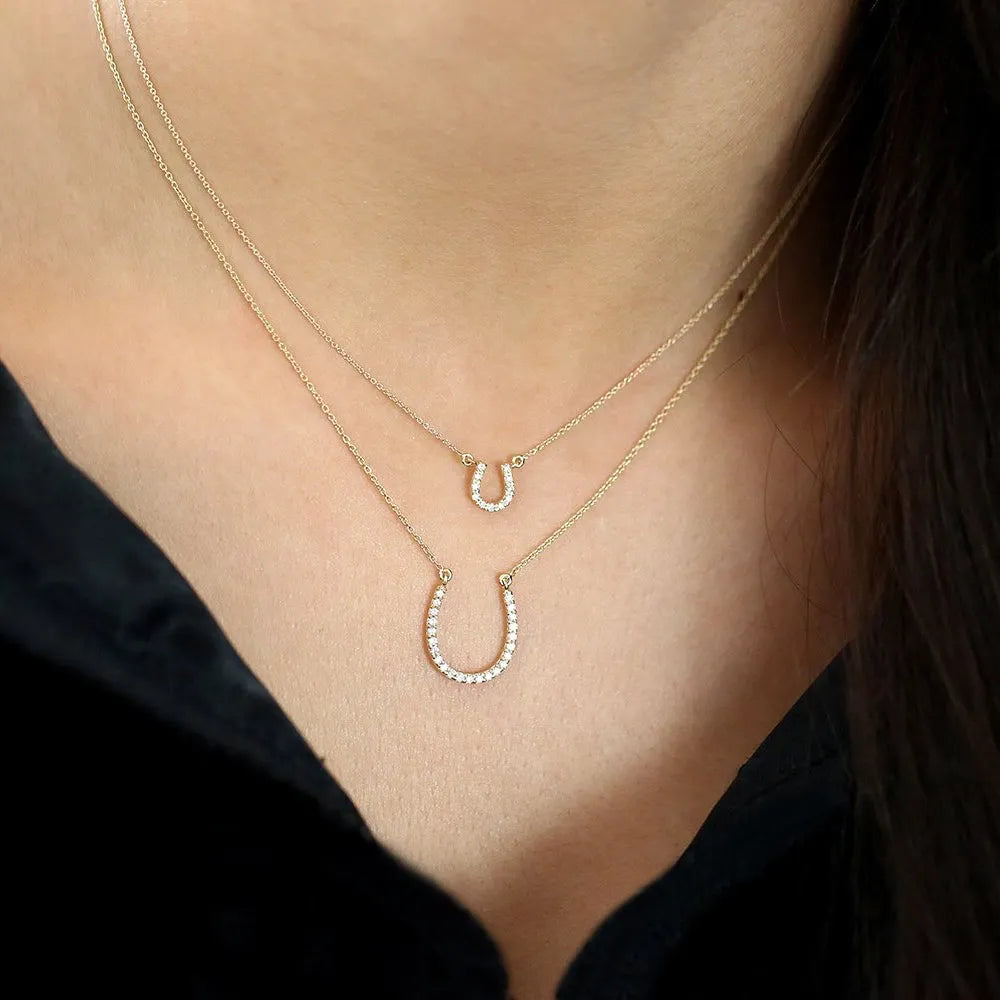 14K Solid Gold Round Diamond Micro Pave Mini Horseshoe Necklace 0.06cttw