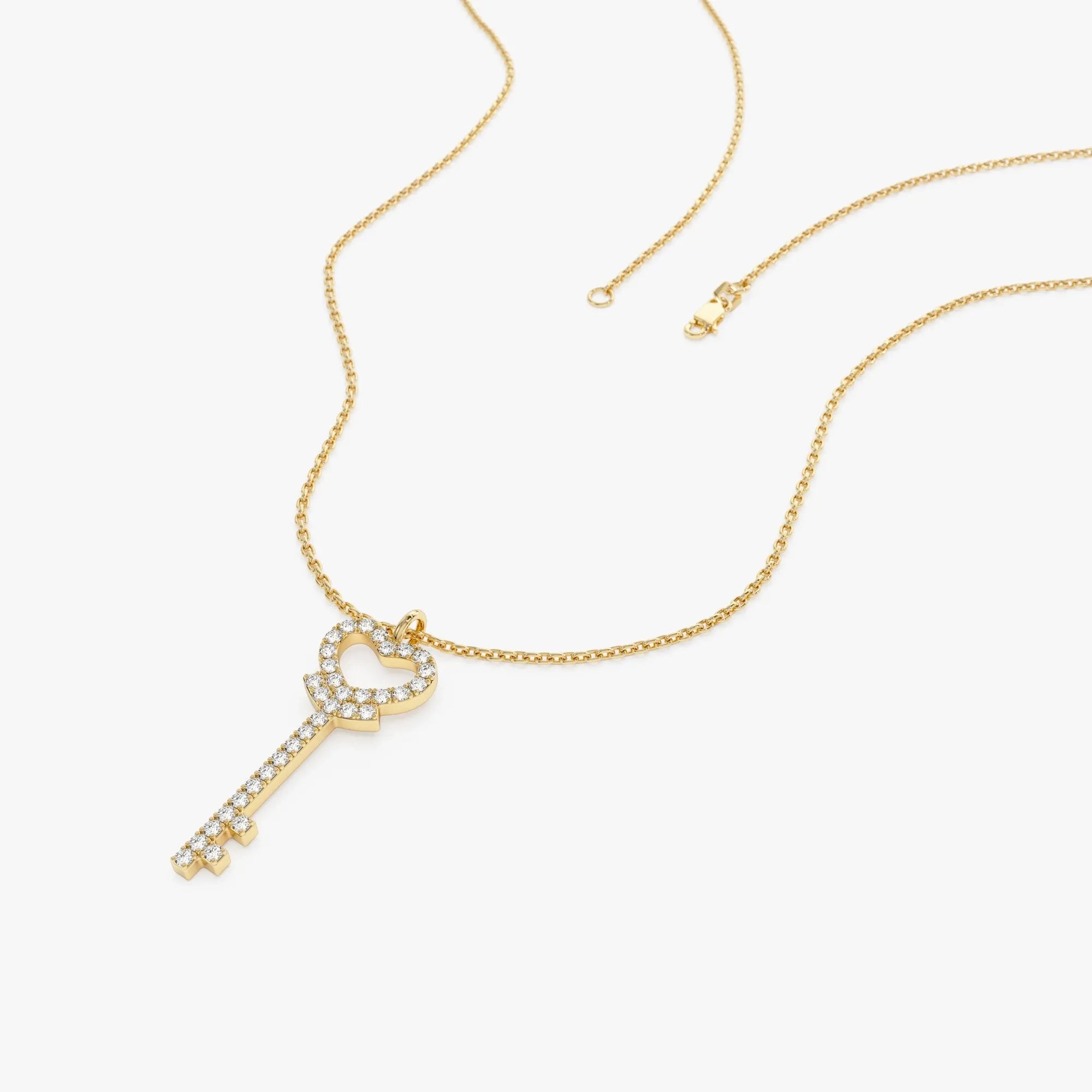 14K Solid Gold 0.20 CTW Round Diamond Heart Key Pendant Necklace