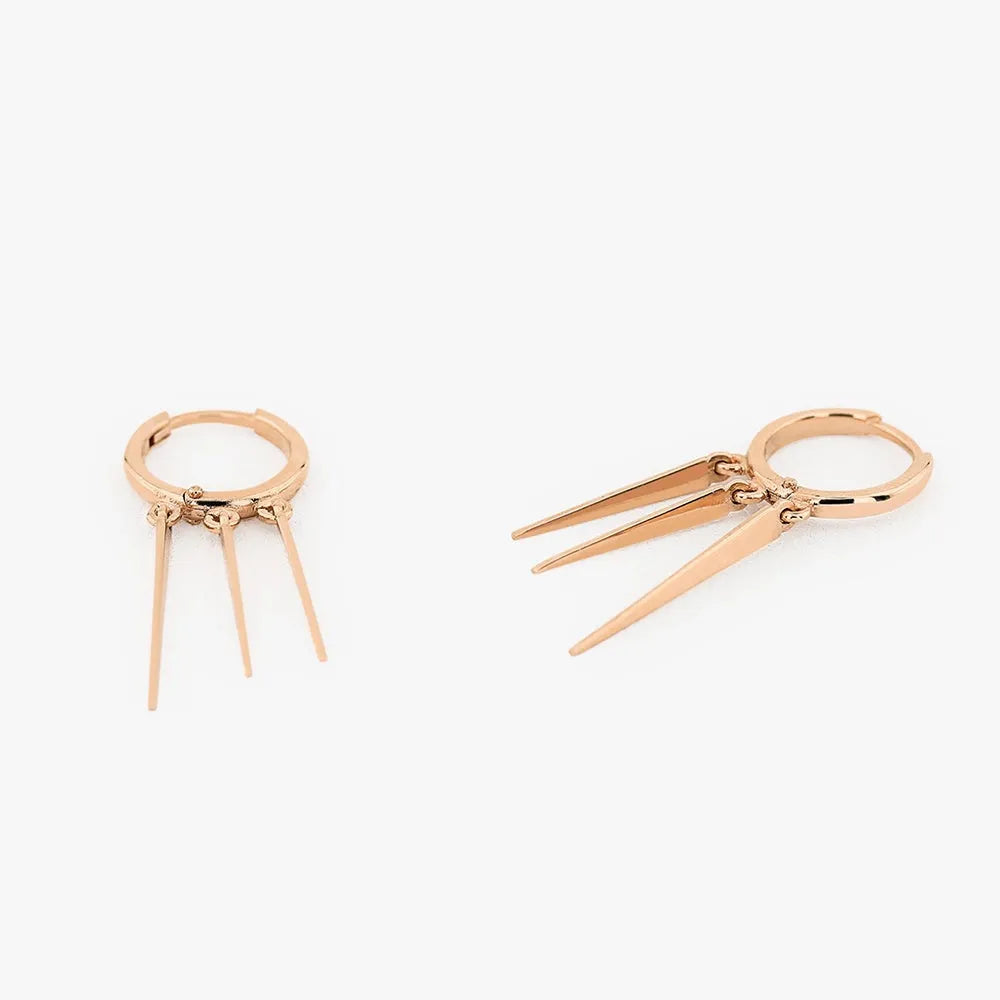 14k Solid Gold Triple Spike Tribal Drop Hoop Earrings 34mm