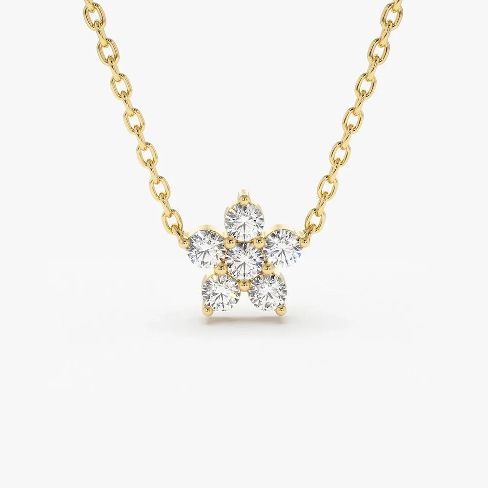 14K Solid Gold Round Diamond Flower Charm Necklace Prong Setting 0.18ctw