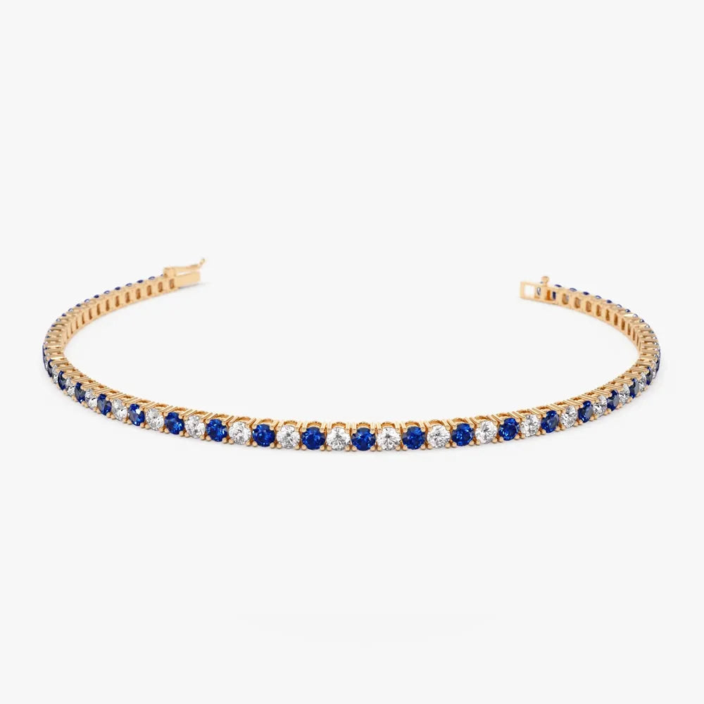14k Gold Round Diamond and Sapphire 4 Prong Tennis Bracelet