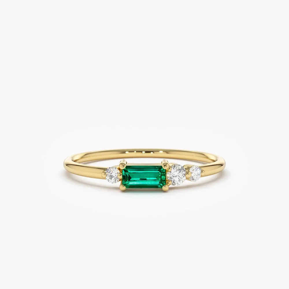 14K Solid Gold Baguette Emerald and Round Diamond Ring 0.23 CTW Handcrafted Jewelry