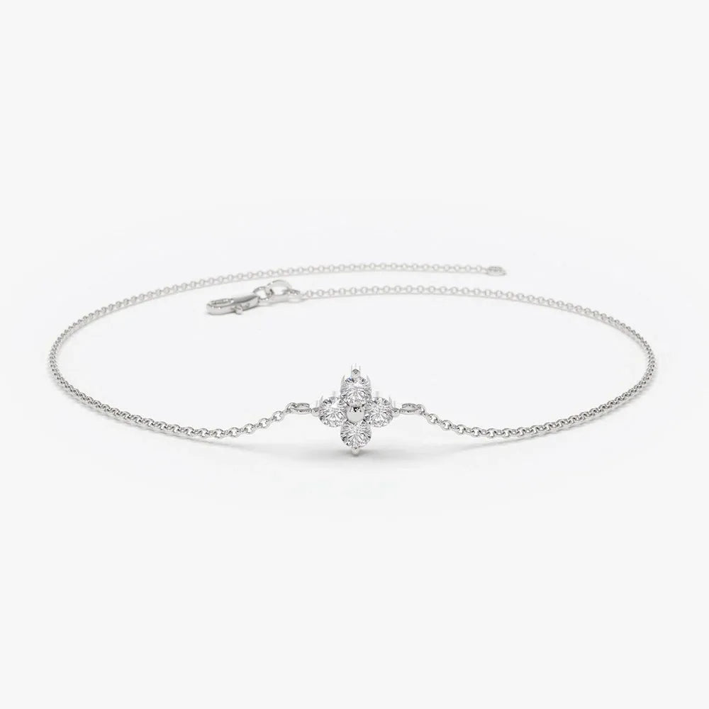 14K Solid Gold 0.14 CTW Round Diamond Clover Bracelet